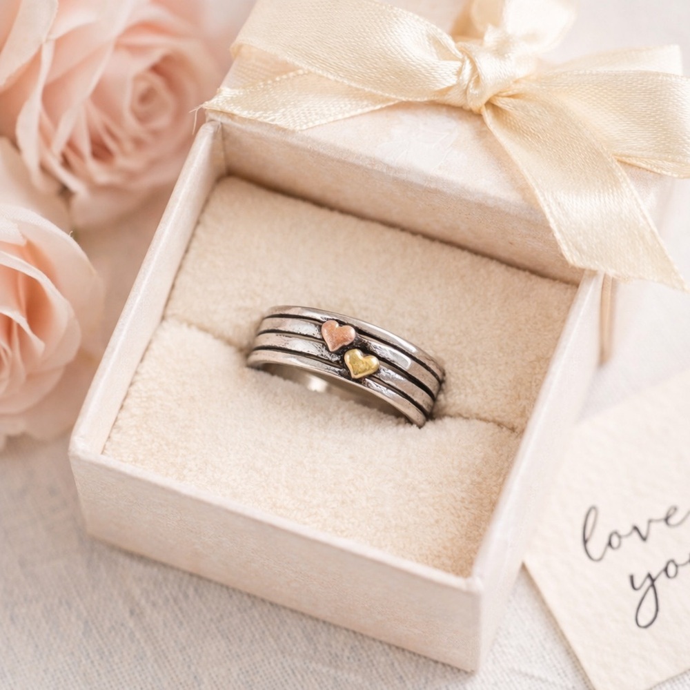Fashion Jewelry Silver Ring with two-tone Gold Heart Accents Sz 6